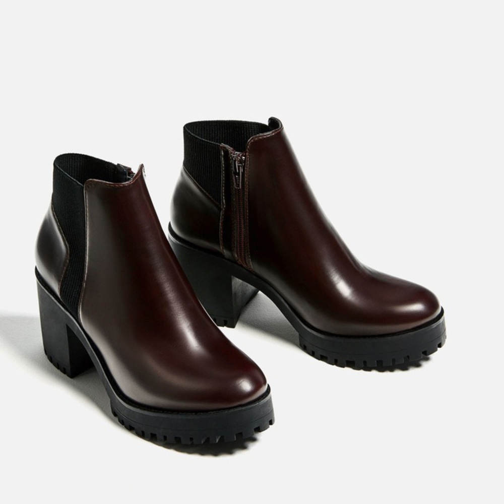 Zara Track Sole Burgundy Heeled Ankle Booties
